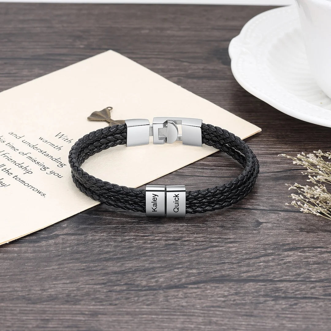 Personalized Braided Leather Bracelet Engraved 8 Names Men's Bracelet