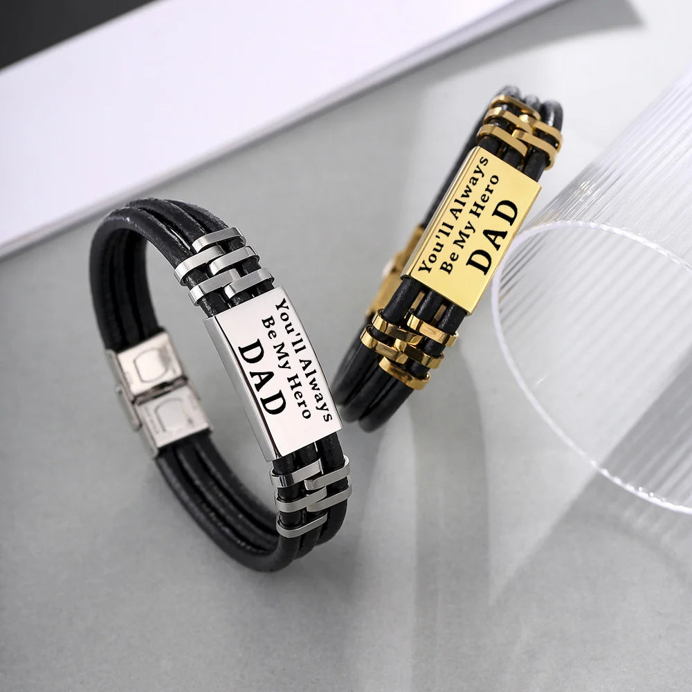 Personalized Men Leather Bracelet Engraved Name and Text ID Bar Bracelet