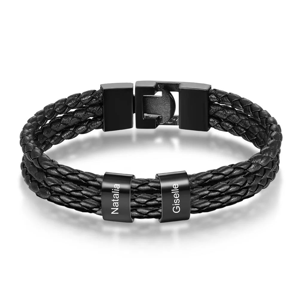 Personalized Braided Leather Bracelet Engraved 8 Names Men's Bracelet