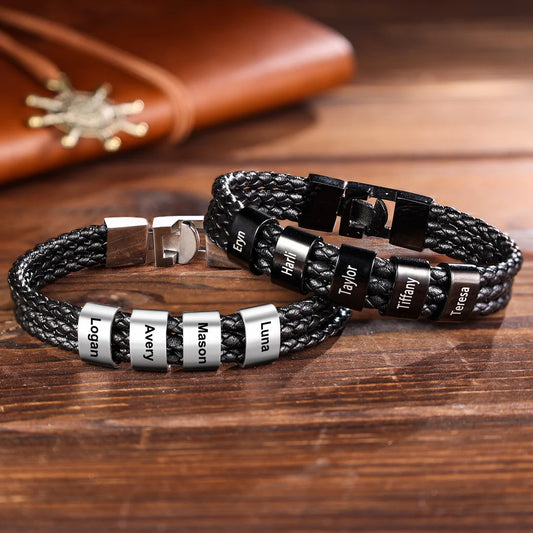 Personalized Braided Leather Bracelet Engraved 8 Names Men's Bracelet