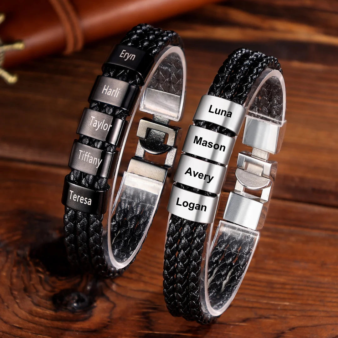 Personalized Braided Leather Bracelet Engraved 8 Names Men's Bracelet