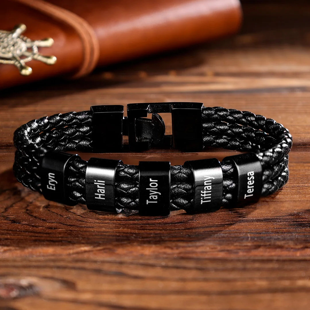 Personalized Braided Leather Bracelet Engraved 8 Names Men's Bracelet