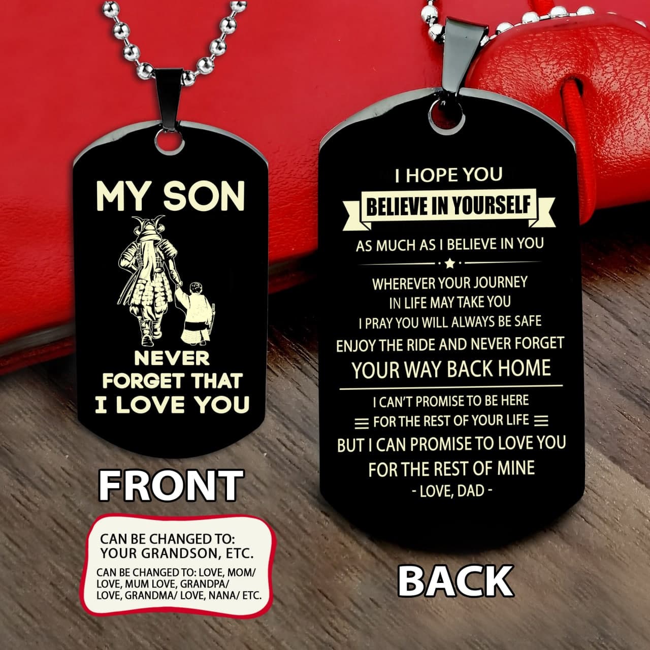 Samurai engraved dog tag dad mom to son, Be strong be brave be humble, It is not about better than someone else, It is about being better than you were the day before-SAMBESTRONG1