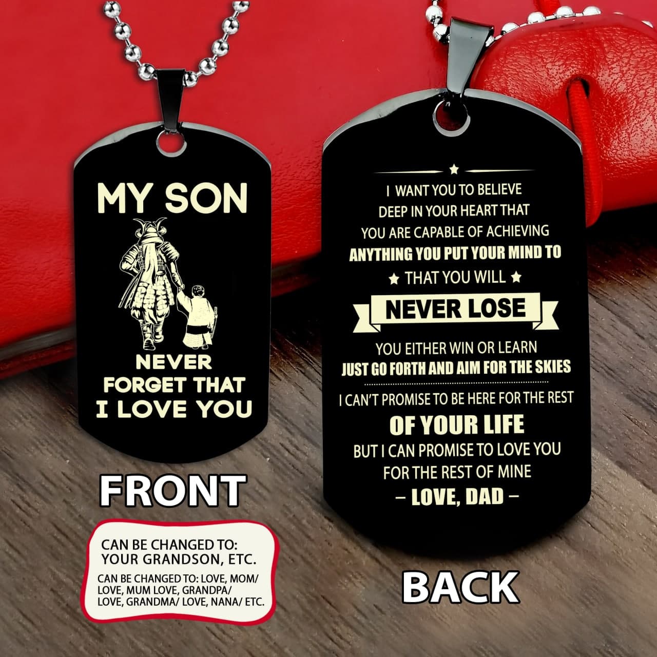 Samurai engraved dog tag dad mom to son, Be strong be brave be humble, It is not about better than someone else, It is about being better than you were the day before-SAMWBH2