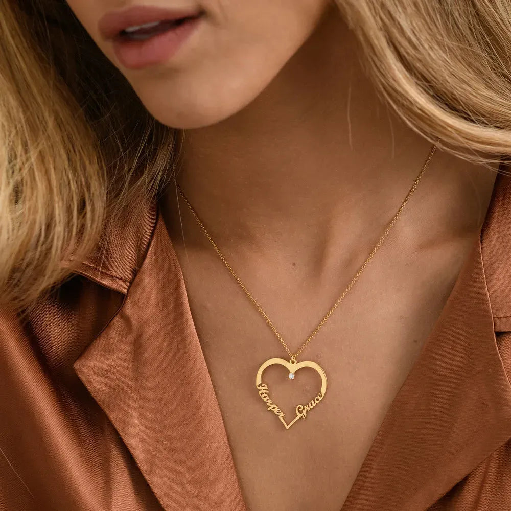 Contour Heart Pendant Necklace with Two Names