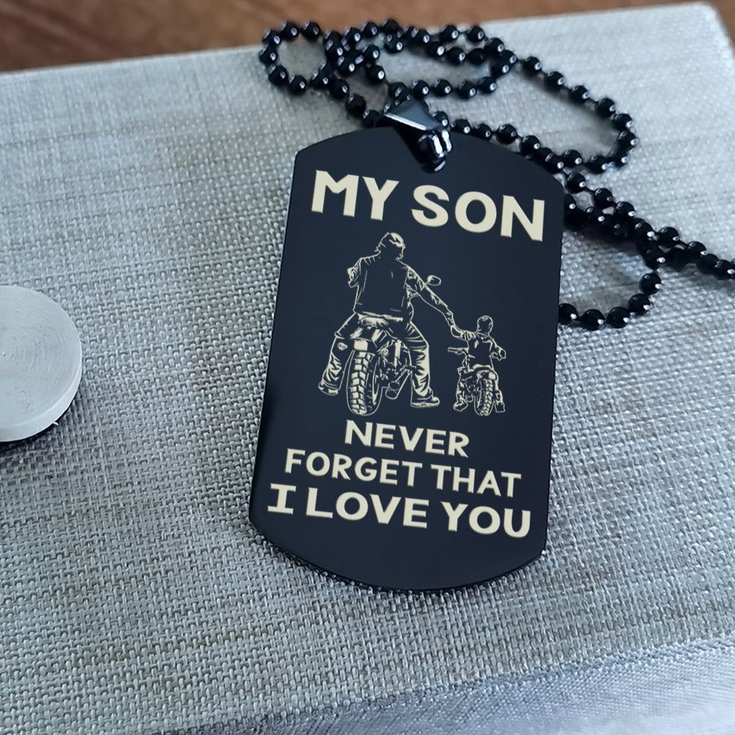 Biker engraved double sided dog tag dad to son the way back home