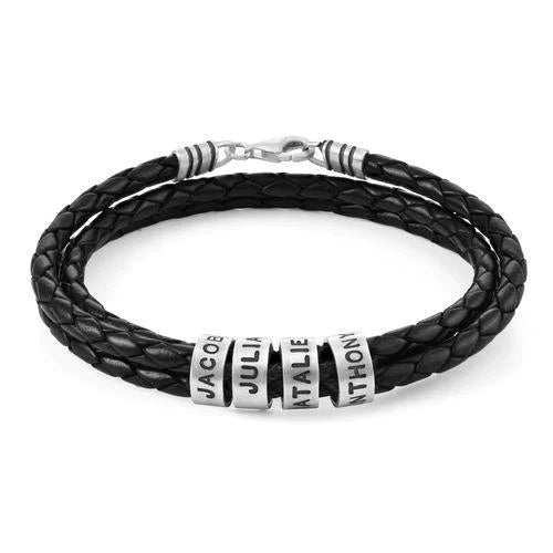 Men Braided Leather Bracelet with Small Custom Beads