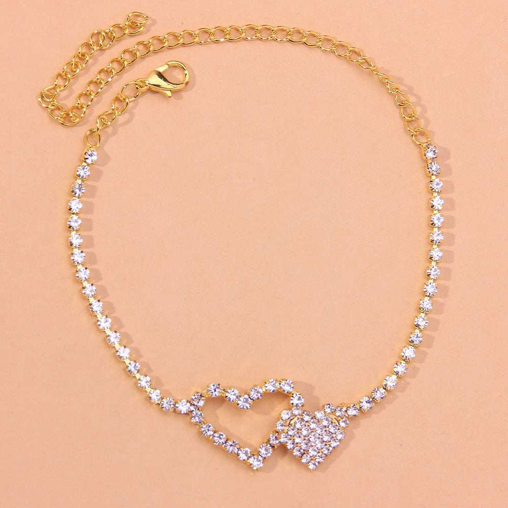 Sexy Anklet for Women Girls Double Heart Rhinestone Anklet Summer Beach Gift