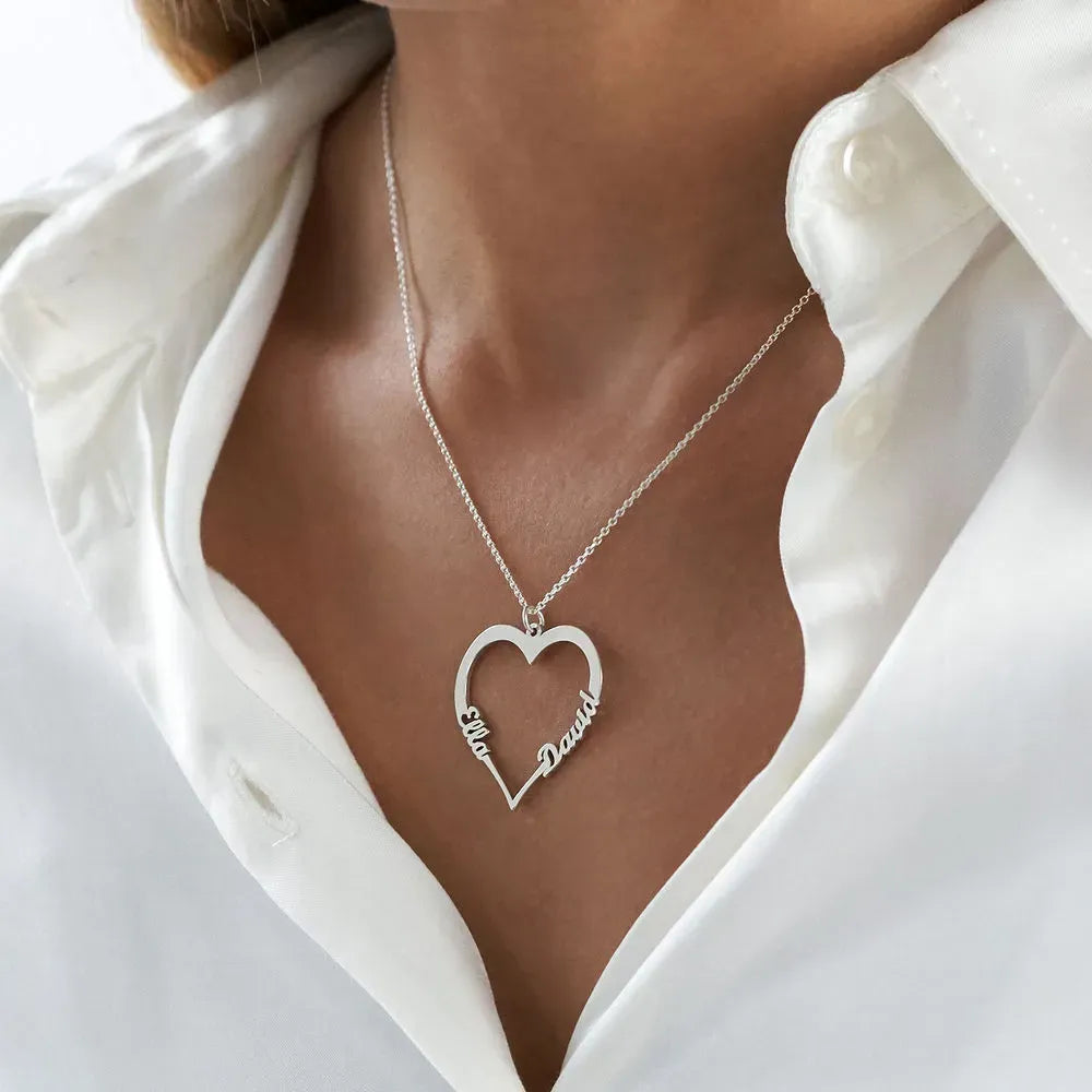 Contour Heart Pendant Necklace with Two Names