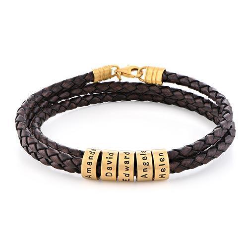 Men Braided Leather Bracelet with Small Custom Beads