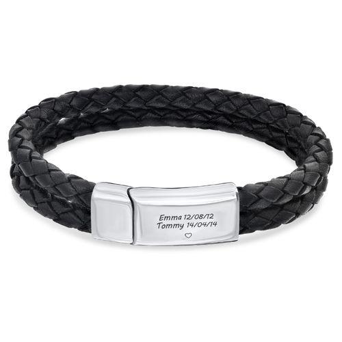 Engraved Bracelet for Men in Stainless Steel and Black Leather