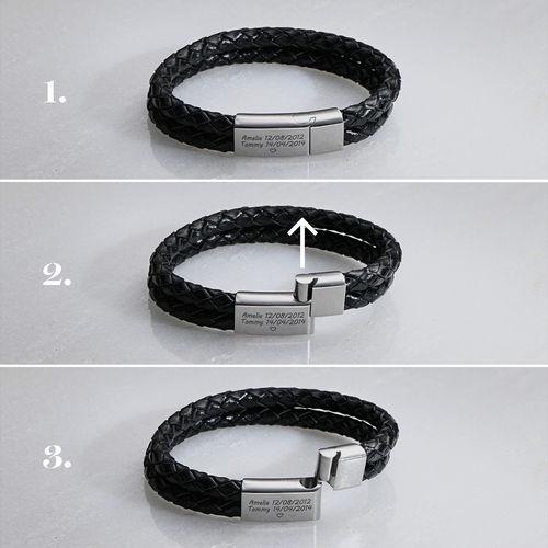 Engraved Bracelet for Men in Stainless Steel and Black Leather