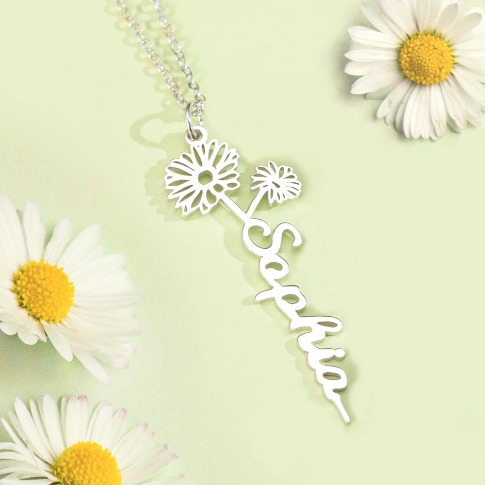 Birth Flower Necklace With Name Pendent