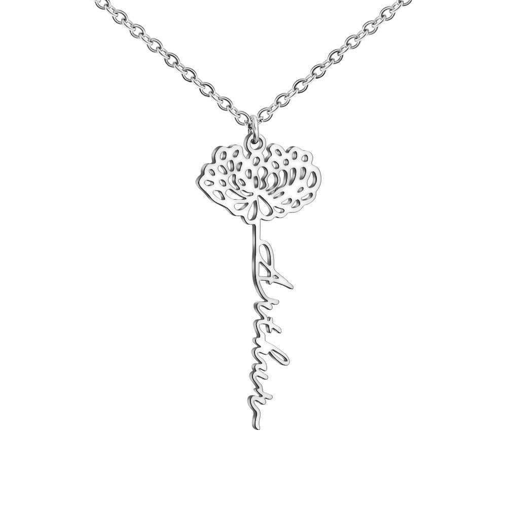 Birth Flower Necklace With Name Pendent