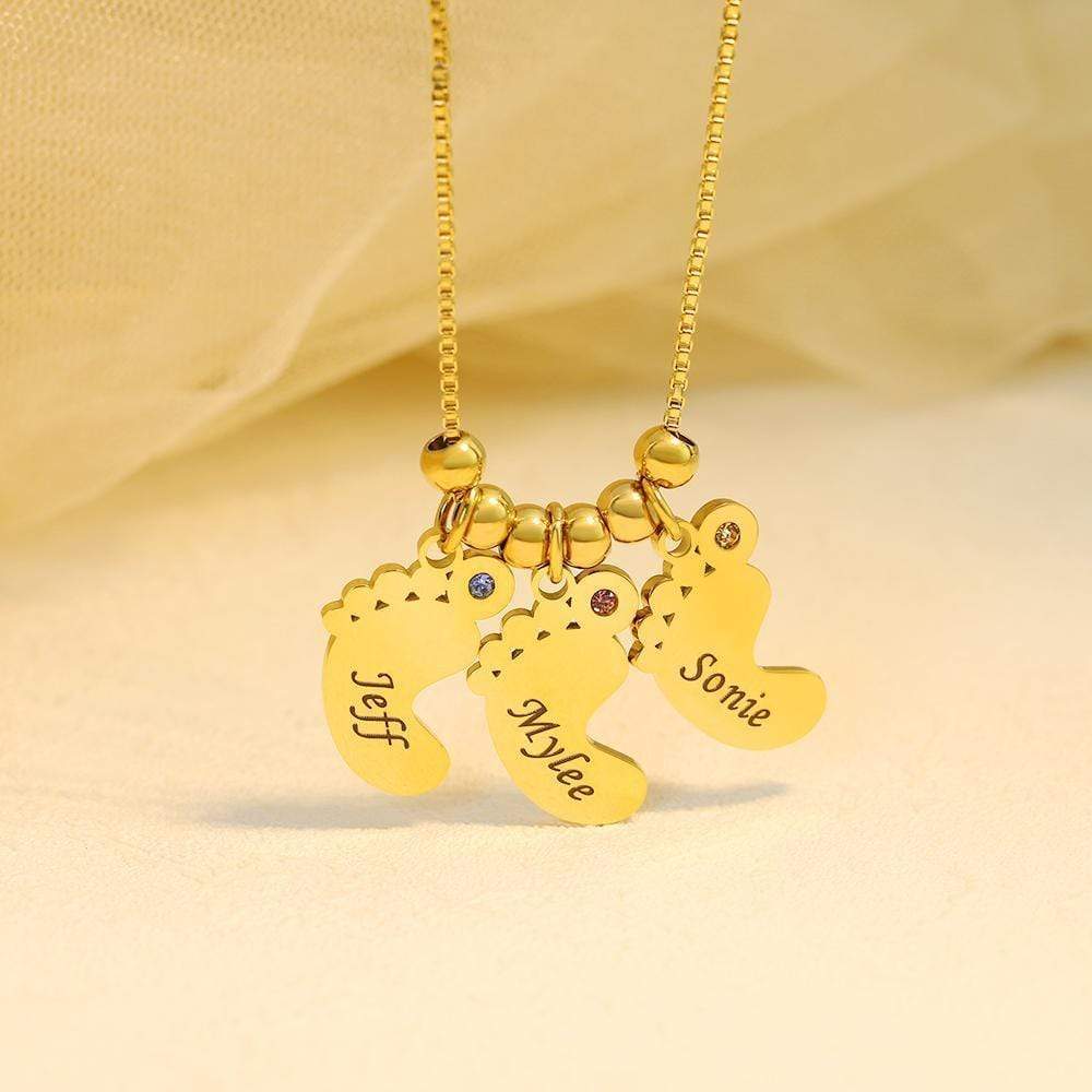 Personalized Baby Feet Pendant Birthstone Necklace with Names