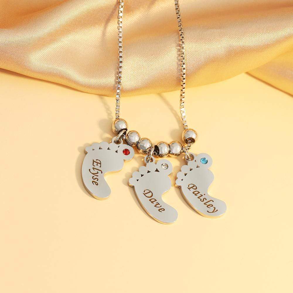 Personalized Baby Feet Pendant Birthstone Necklace with Names