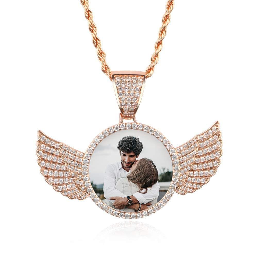 Personalized Circular Photo Necklace with Angel Wing-Tennis Chain