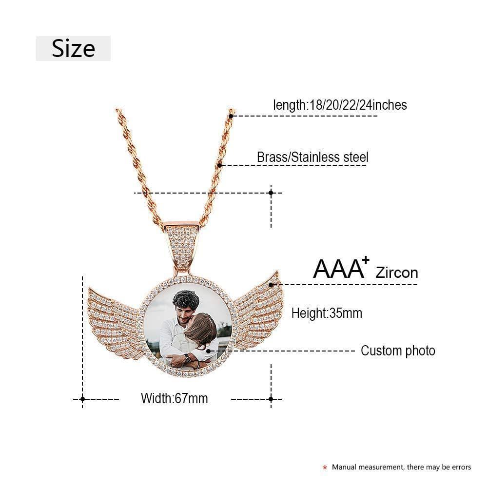 Personalized Circular Photo Necklace with Angel Wing-Tennis Chain