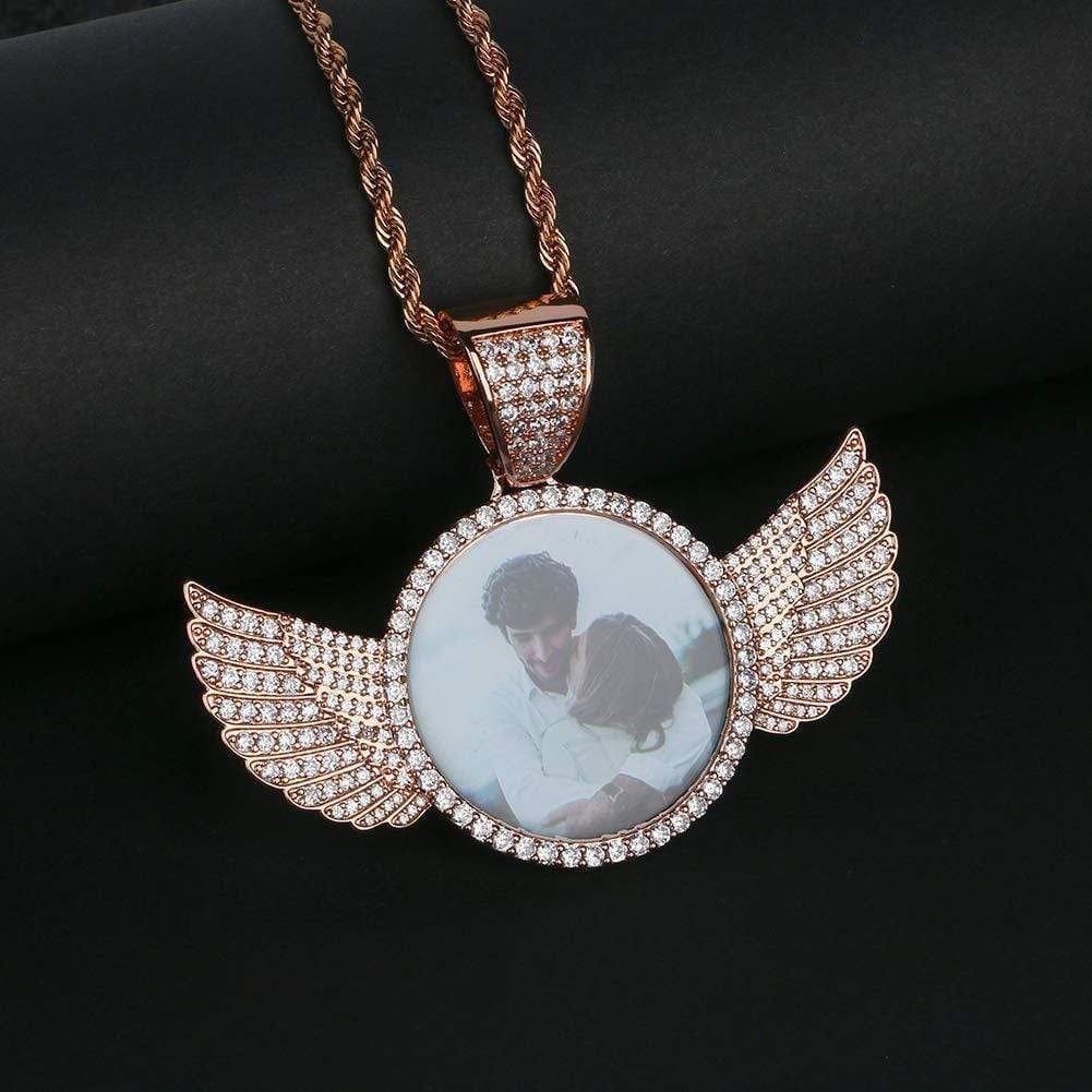 Personalized Circular Photo Necklace with Angel Wing-Tennis Chain