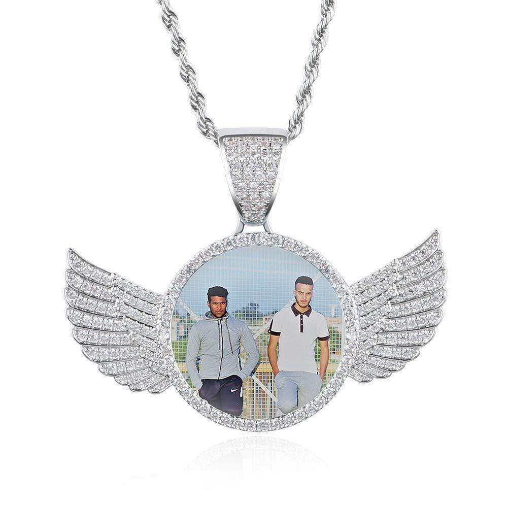 Personalized Circular Photo Necklace with Angel Wing-Tennis Chain