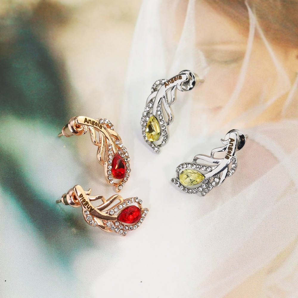 Feather Shaped Custom Birthstone Earring