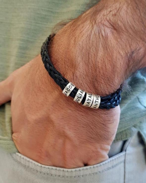 Men Braided Leather Bracelet with Small Custom Beads