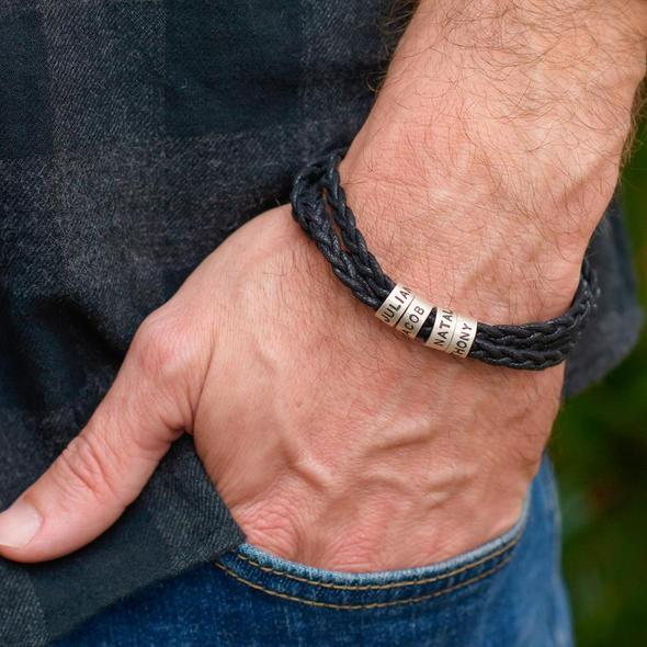 Men Braided Leather Bracelet with Small Custom Beads